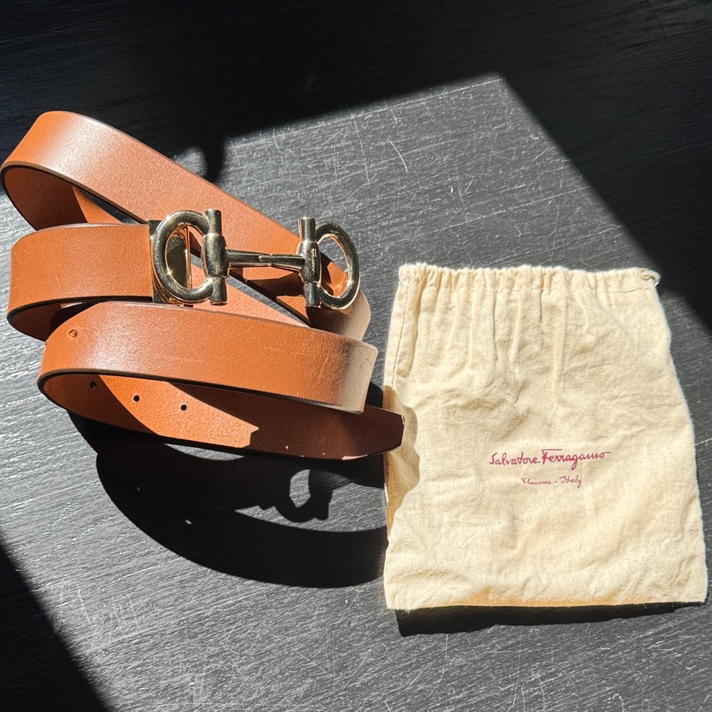 Salvatore Ferragamo Tan Leather Belt with Gold Buckle